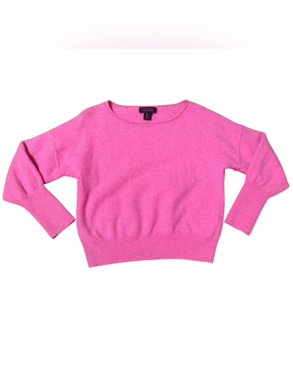 Tahari 2-Ply Cashmere Sweater in Pink with a Slight Batwing, Waist Length, Large